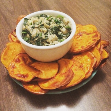 Spinach and artichoke dip w/ sweet potato 'chips'