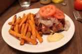 bacon wrapped burger w/ sweet potato fries